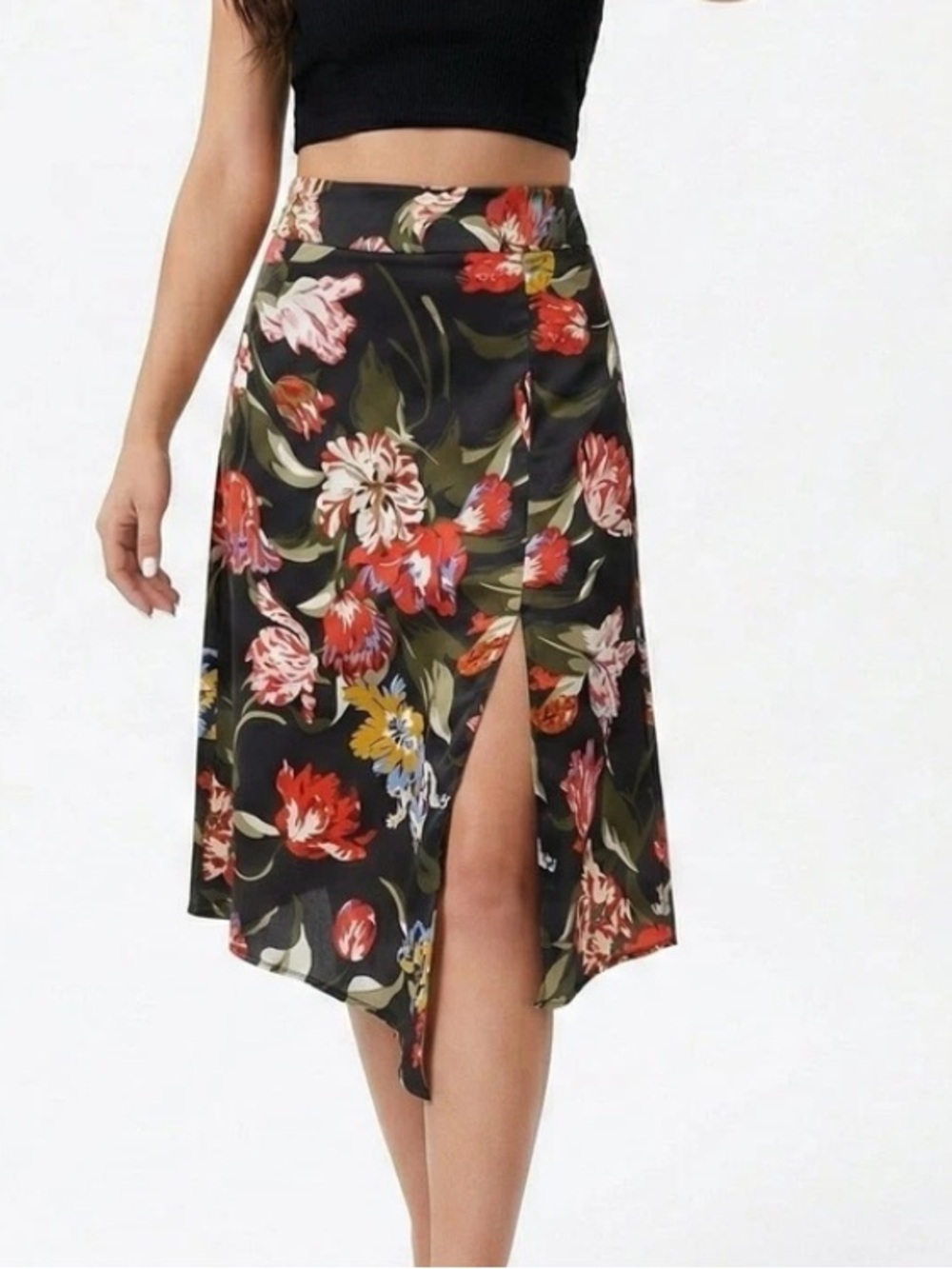 Zara Tropical Floral Patterned Asymmetrical Hem Side Zip Midi Skirt Size Medium - Picture 2 of 10